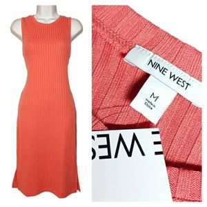 NINE WEST Coral Pink Ribbed Sleeveless Midi Stretchy Medium Dress NWT